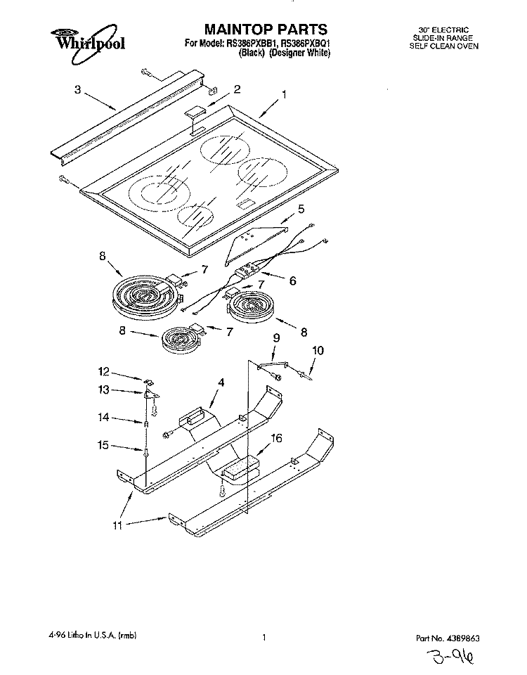 MAINTOP Diagram and Parts List for RS386PXBQ1  Whirlpool Range