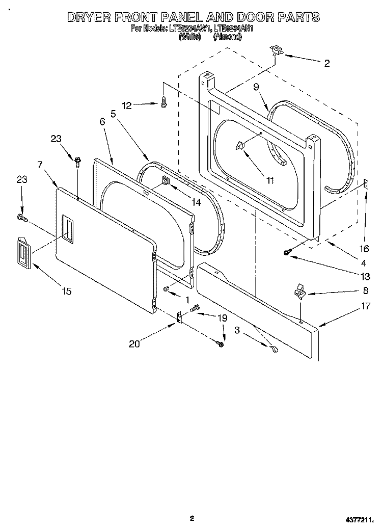 DRYER FRONT PANEL AND DOOR Diagram and Parts List for LTE6234AW1  Whirlpool Washer Dryer Combo