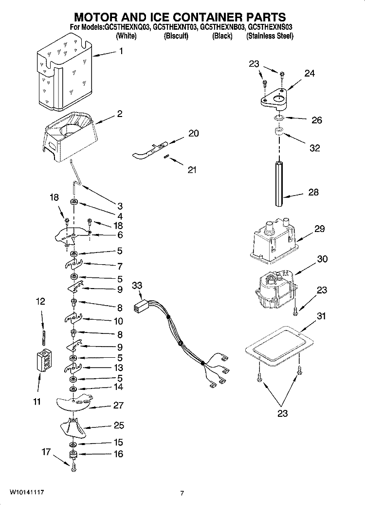 MOTOR AND ICE CONTAINER PARTS Diagram and Parts List for GC5THEXNS03  Whirlpool Refrigerator