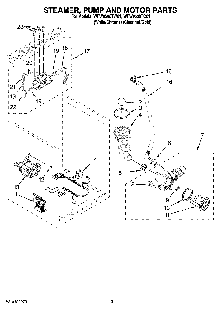 STEAMER, PUMP AND MOTOR PARTS Diagram and Parts List for WFW9500TC01  Whirlpool Washer