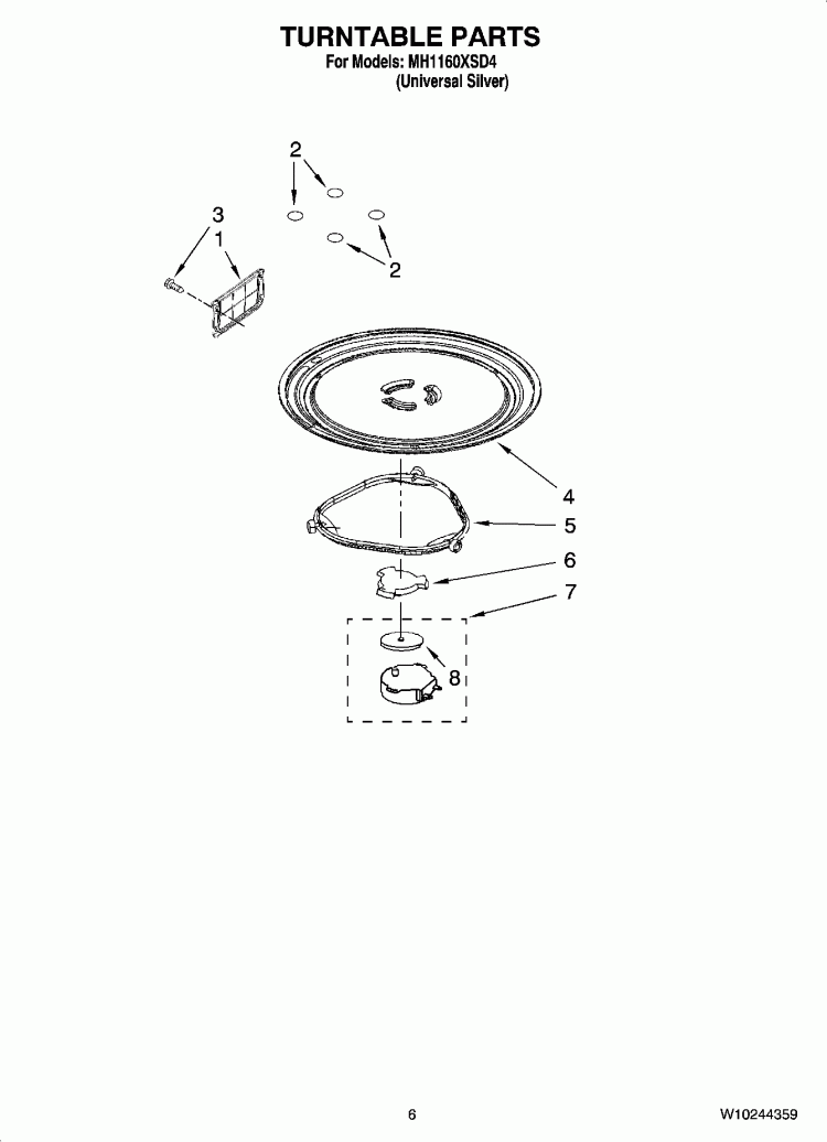 TURNTABLE PARTS Diagram and Parts List for MH1160XSD4  Whirlpool Microwave