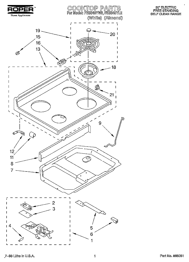 COOKTOP Diagram and Parts List for FES340YW2  Roper Range