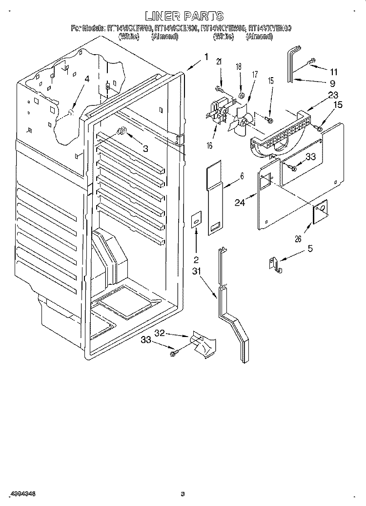 LINER Diagram and Parts List for RT14VKXEN00  Roper Refrigerator