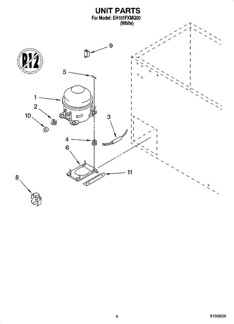 UNIT PARTS Diagram and Parts List for EH101FXMQ00  Whirlpool Freezer