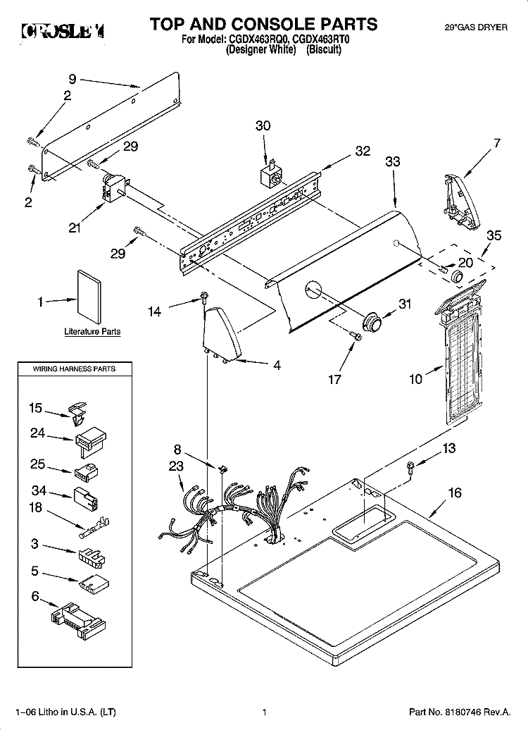 TOP AND CONSOLE PARTS Diagram and Parts List for CGDX463RT0  Crosley Dryer