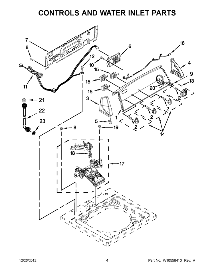 CONTROLS AND WATER INLET PARTS Diagram and Parts List for 7MWTW1607AW1  Whirlpool Washer