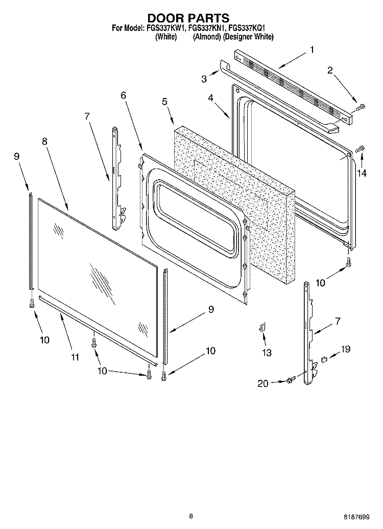 DOOR Diagram and Parts List for FGS337KN1  Roper Range