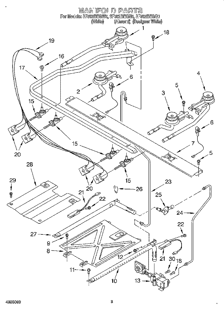 MANIFOLD Diagram and Parts List for SF362BEGQ0  Whirlpool Range