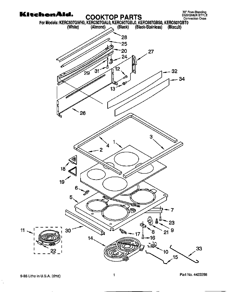 COOKTOP Diagram and Parts List for KERC607GBS0  KitchenAid Range