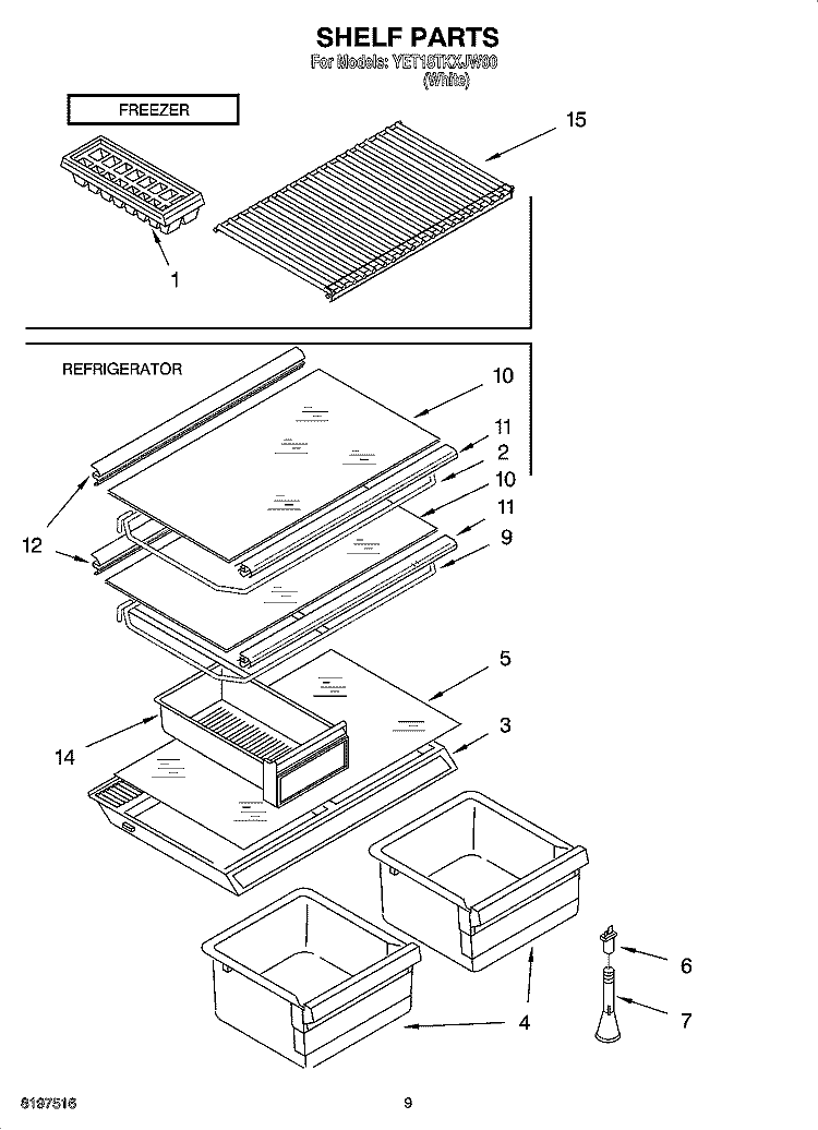 SHELF PARTS, OPTIONAL PARTS Diagram and Parts List for YET18TKXJW00  Whirlpool Refrigerator