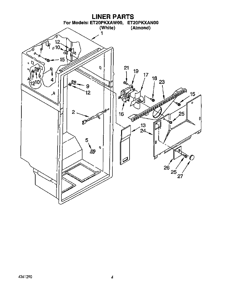 LINER Diagram and Parts List for ET20PKXAW00  Whirlpool Refrigerator