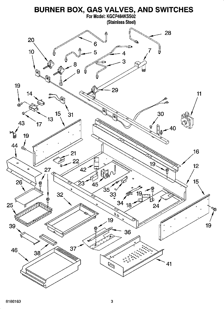 BURNER BOX, GAS VALVES, AND SWITCHES Diagram and Parts List for KGCP484KSS02  KitchenAid Cooktop
