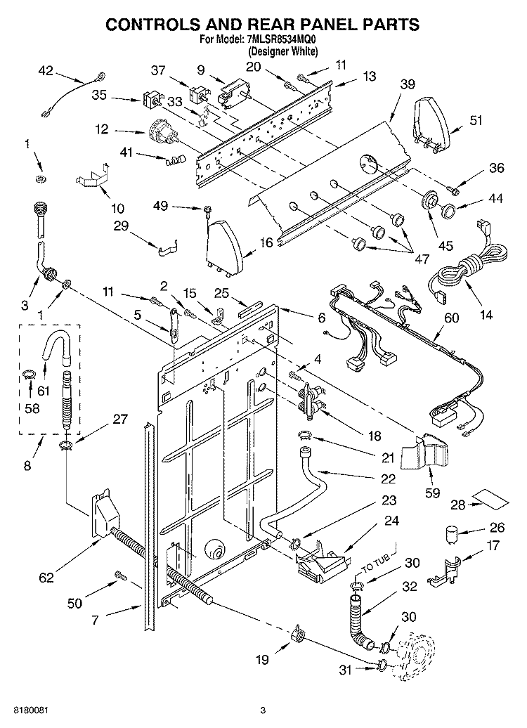 CONTROLS AND REAR PANEL PARTS Diagram and Parts List for 7MLSR8534MQ0  Whirlpool Washer