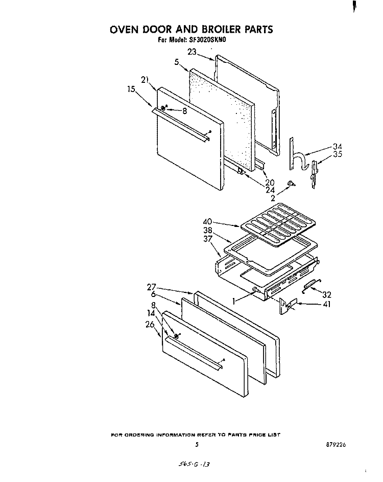 OVEN DOOR AND BROILER Diagram and Parts List for SF3020SKN0  Whirlpool Range