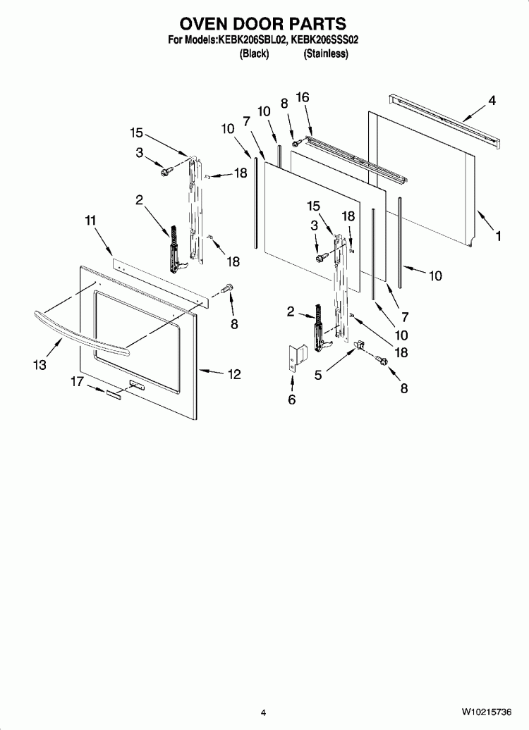 OVEN DOOR PARTS Diagram and Parts List for KEBK206SBL02  KitchenAid Wall Oven