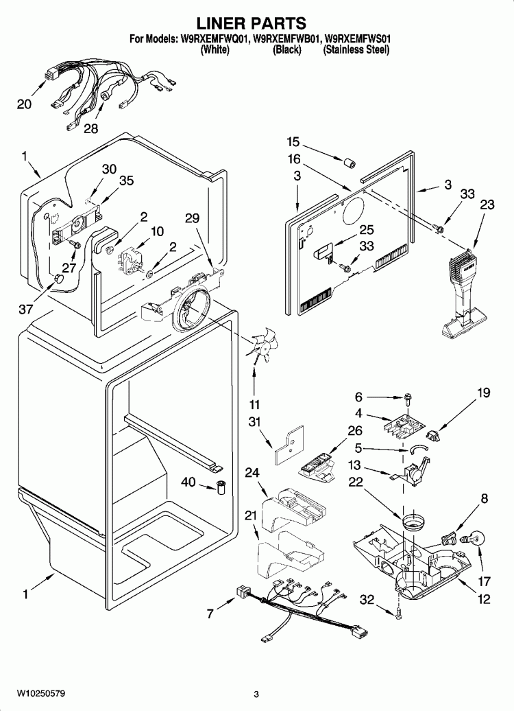 LINER PARTS Diagram and Parts List for W9RXEMFWS01  Whirlpool Refrigerator