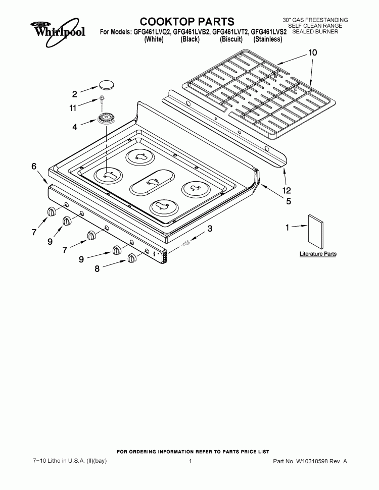 COOKTOP PARTS Diagram and Parts List for GFG461LVB2  Whirlpool Range