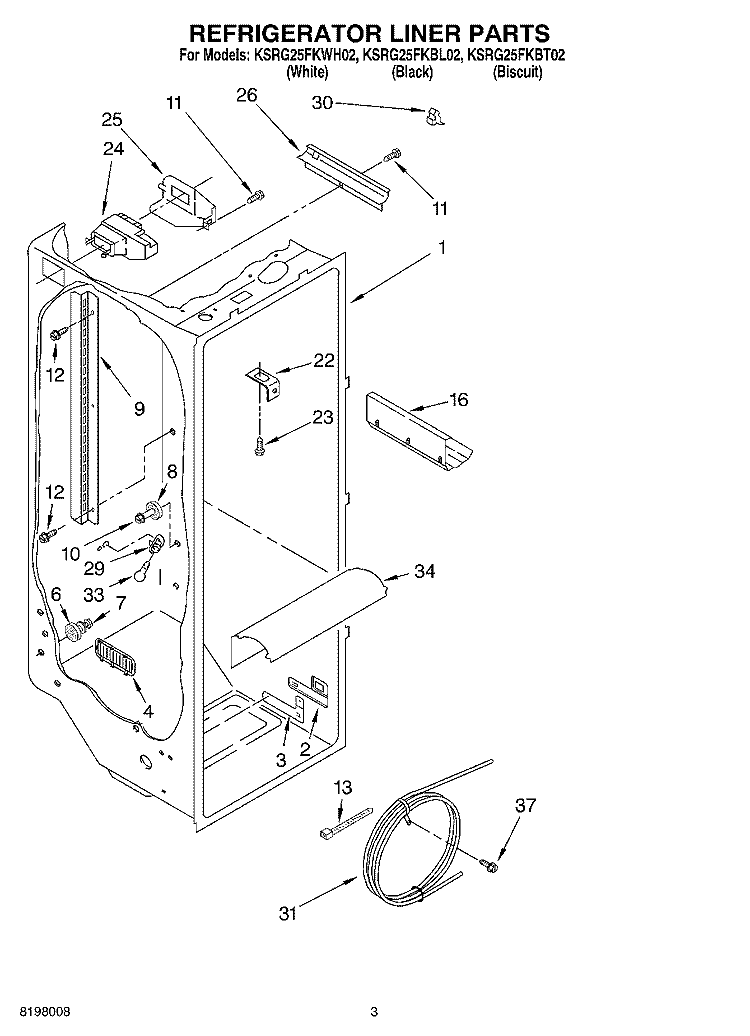 REFRIGERATOR LINER PARTS Diagram and Parts List for KSRG25FKBL02  KitchenAid Refrigerator