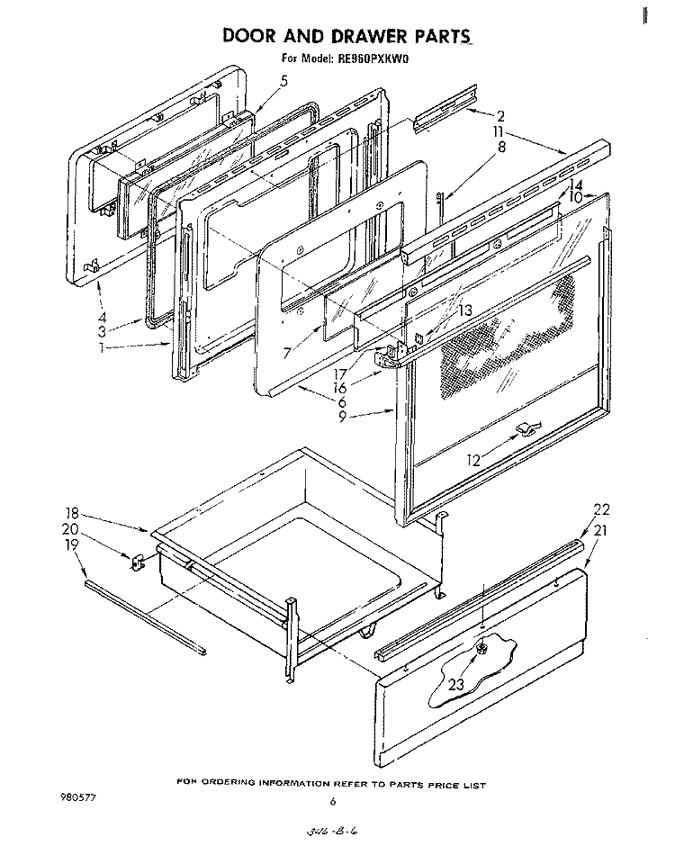 DOOR AND DRAWER Diagram and Parts List for RE960PXKW0  Whirlpool Range