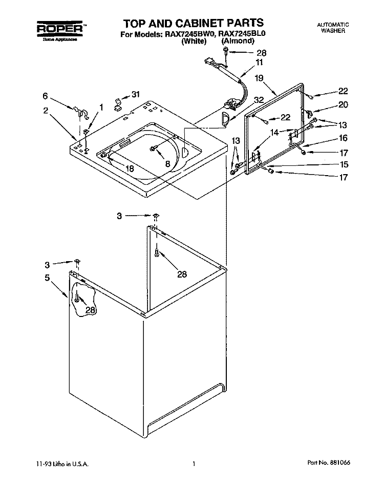 TOP AND CABINET, LIT/OPTIONAL Diagram and Parts List for RAX7245BL0  Roper Washer