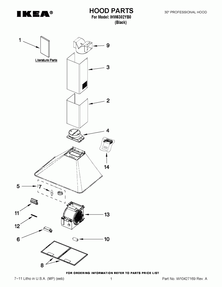 HOOD PARTS Diagram and Parts List for IHW6302YB0  Whirlpool Range Hood