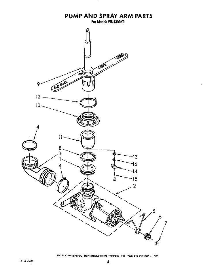 PUMP AND SPRAY ARM Diagram and Parts List for WU4300Y0  Roper Dishwasher
