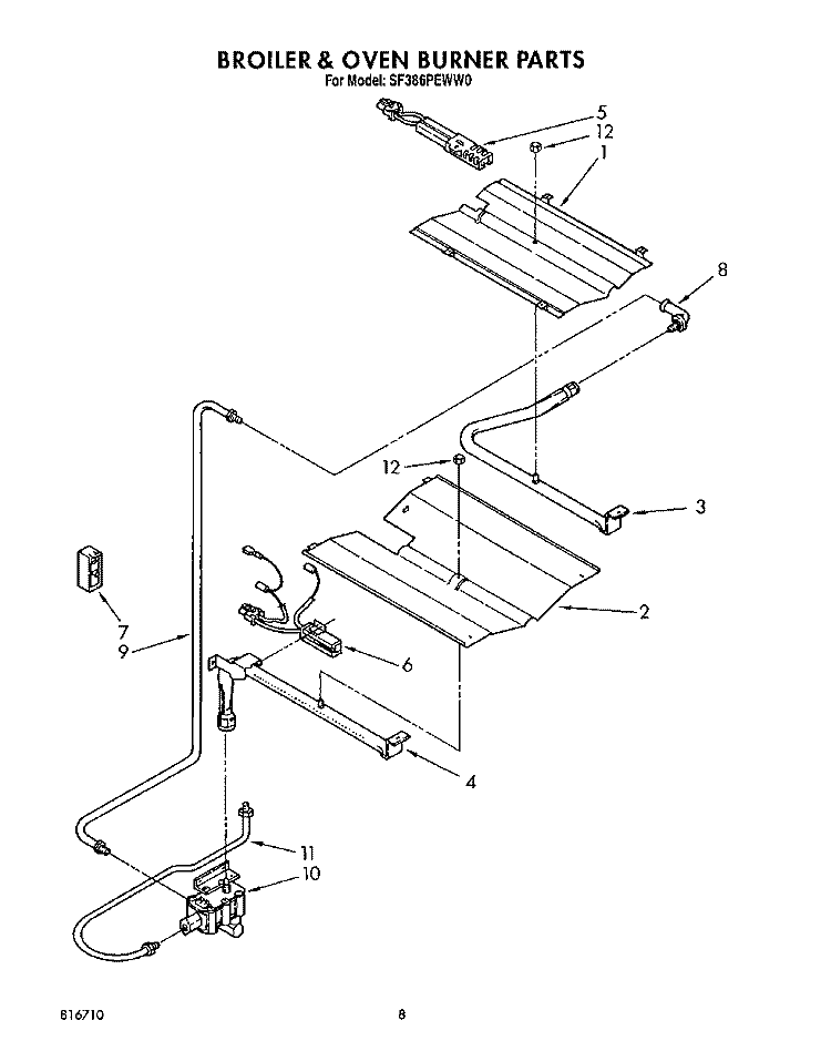 BROILER AND OVEN BURNER Diagram and Parts List for SF386PEWW0  Whirlpool Range