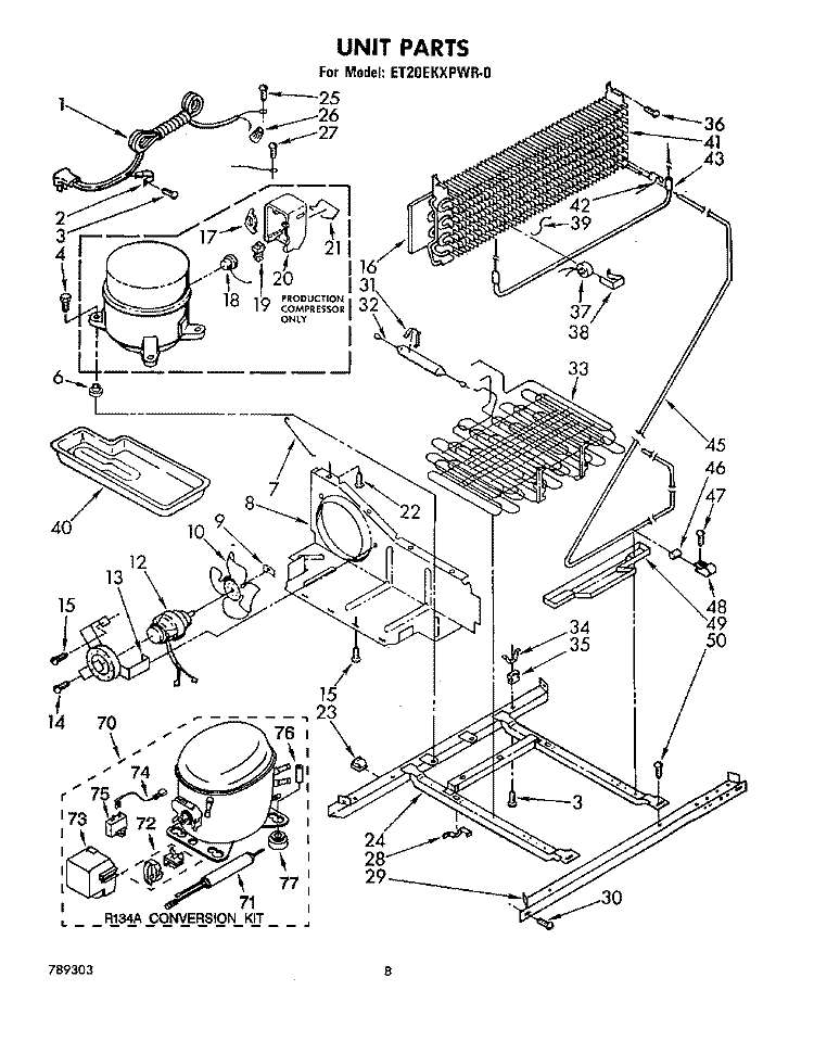 UNIT Diagram and Parts List for ET20EKXPWR0  Whirlpool Refrigerator