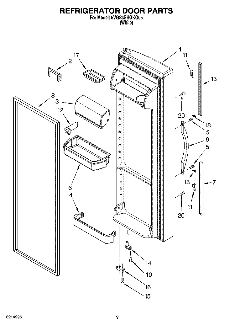 REFRIGERATOR DOOR PARTS Diagram and Parts List for 5VGS3SHGKQ05  Whirlpool Refrigerator
