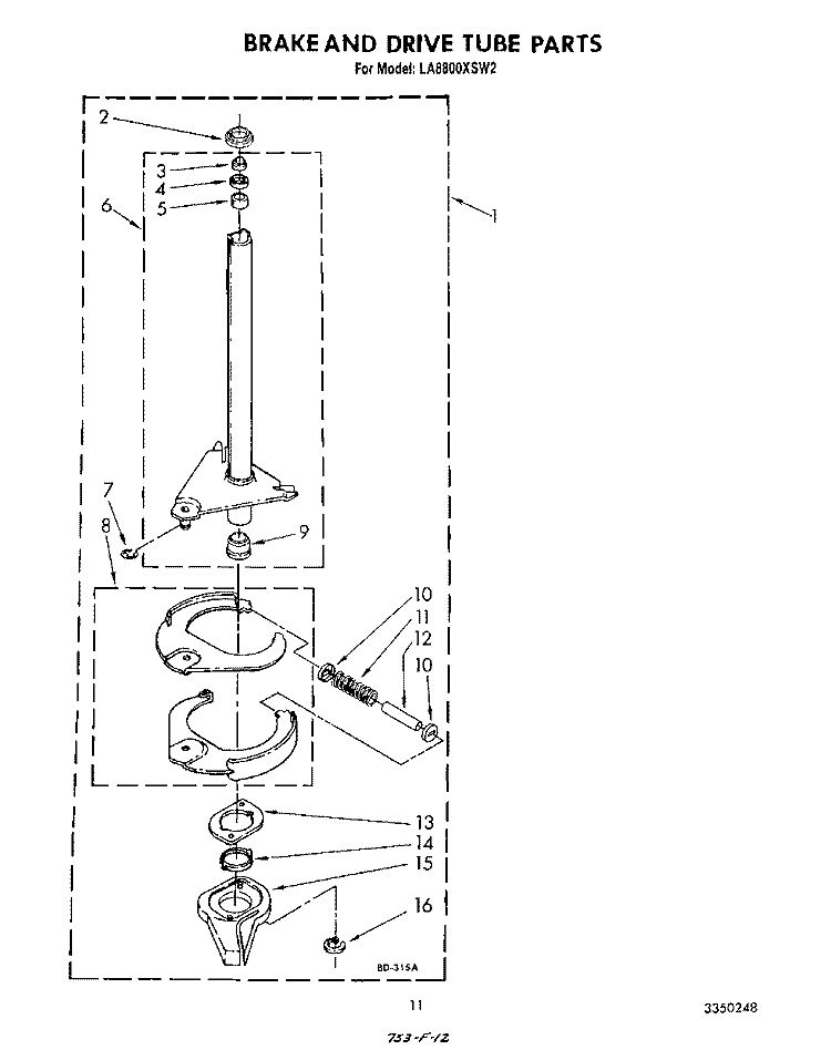 BRAKE AND DRIVE TUBE Diagram and Parts List for LA8800XSW2  Whirlpool Washer