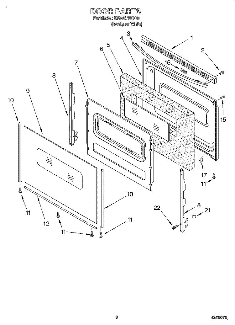 DOOR, LIT/OPTIONAL Diagram and Parts List for SF303PEGQ0  Whirlpool Range