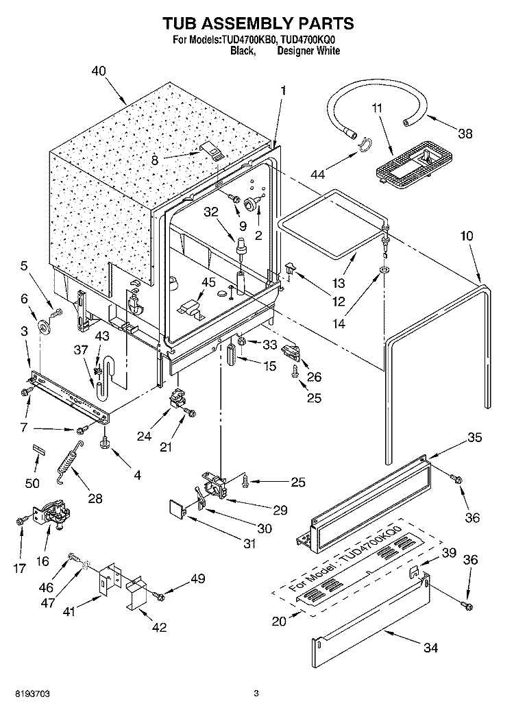 TUB ASSEMBLY Diagram and Parts List for TUD4700KB0  Estate Dishwasher