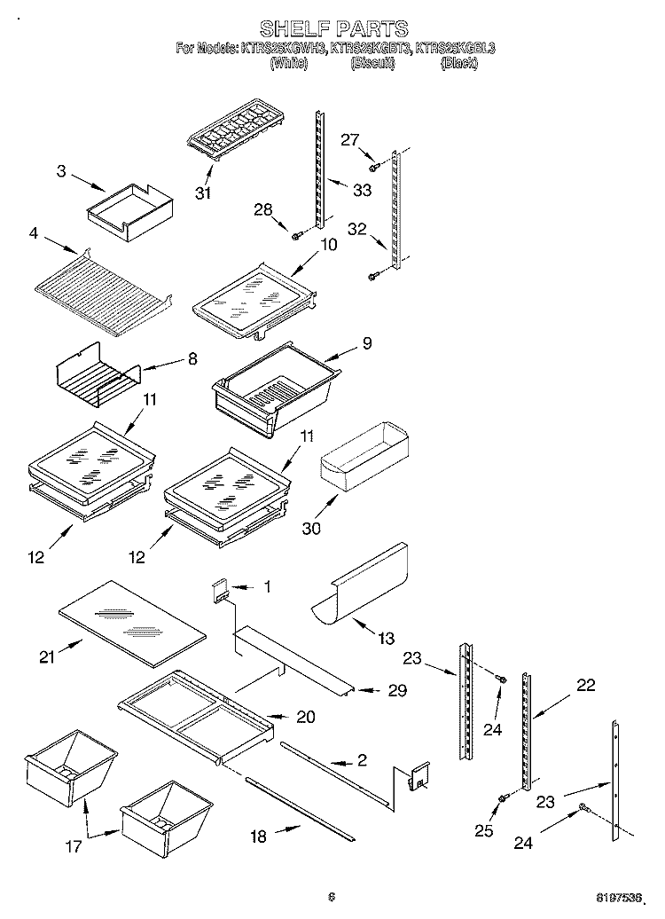 SHELF Diagram and Parts List for KTRS25KGBL3  KitchenAid Refrigerator