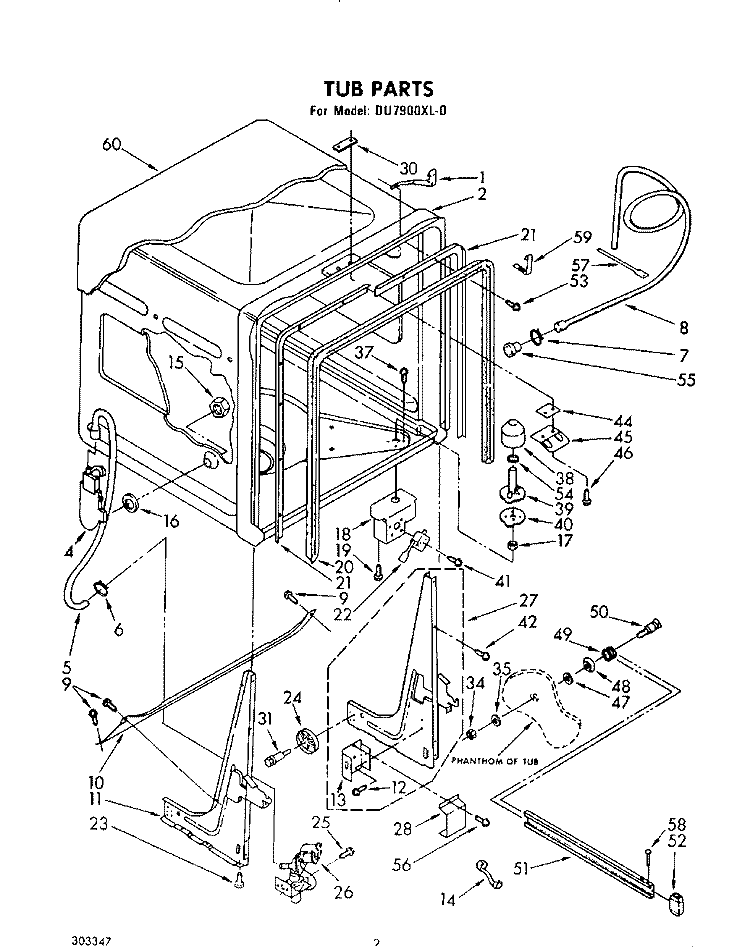 TUB, LIT/OPTIONAL Diagram and Parts List for DU7900XL0  Whirlpool Dishwasher