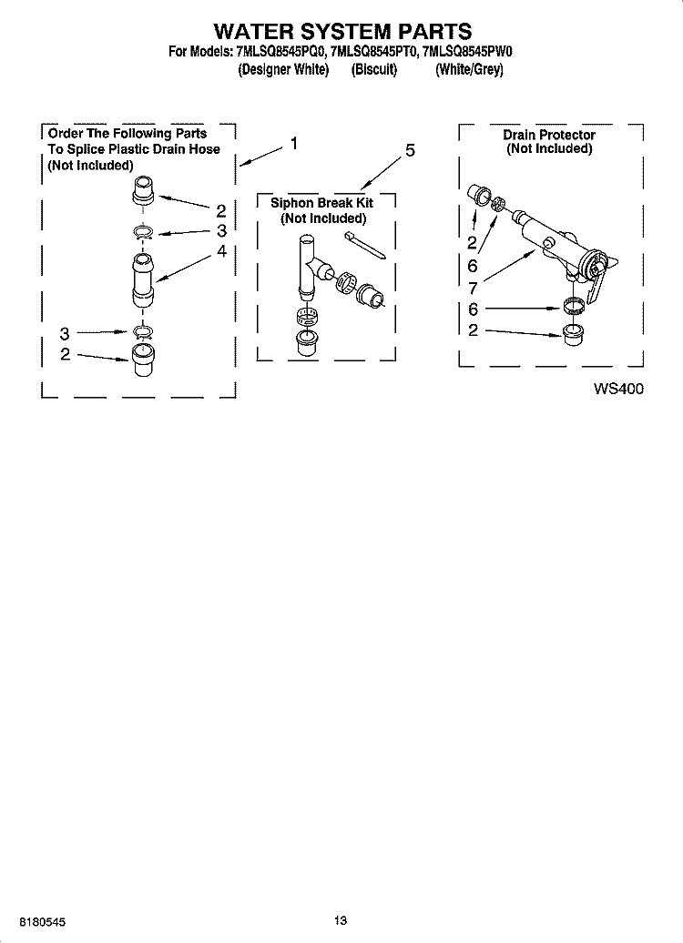 WATER SYSTEM PARTS, MISCELLANEOUS PARTS, OPTIONAL PARTS (NOT INCLUDED) Diagram and Parts List for 7MLSQ8545PT0  Whirlpool Washer