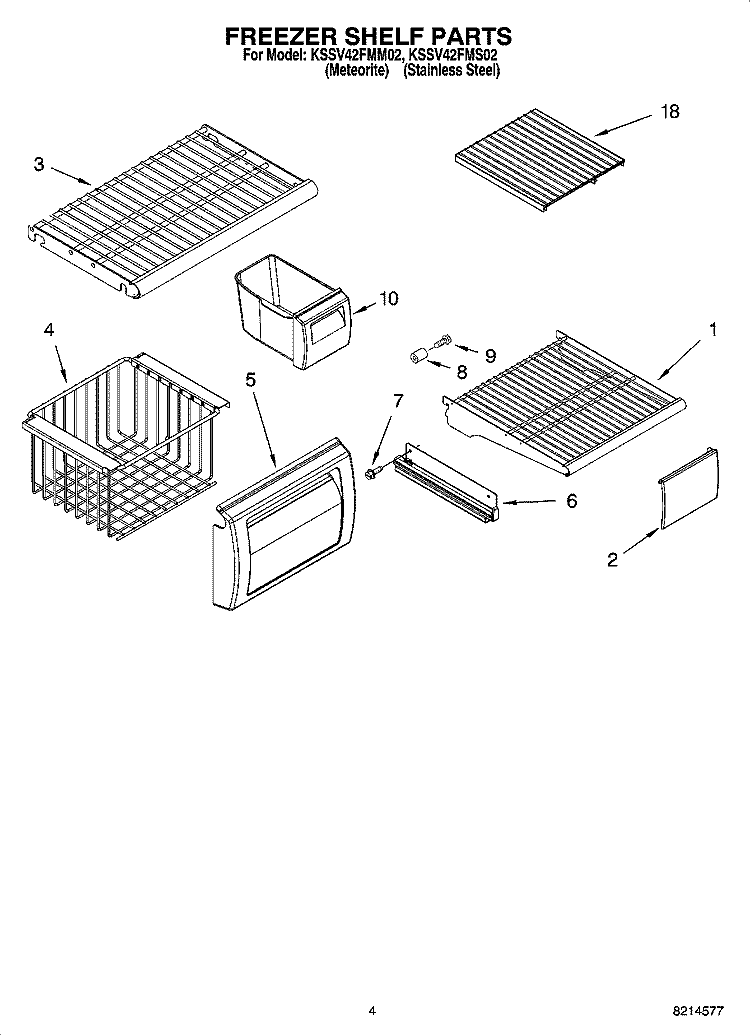 FREEZER SHELF PARTS Diagram and Parts List for KSSV42FMS02  KitchenAid Refrigerator