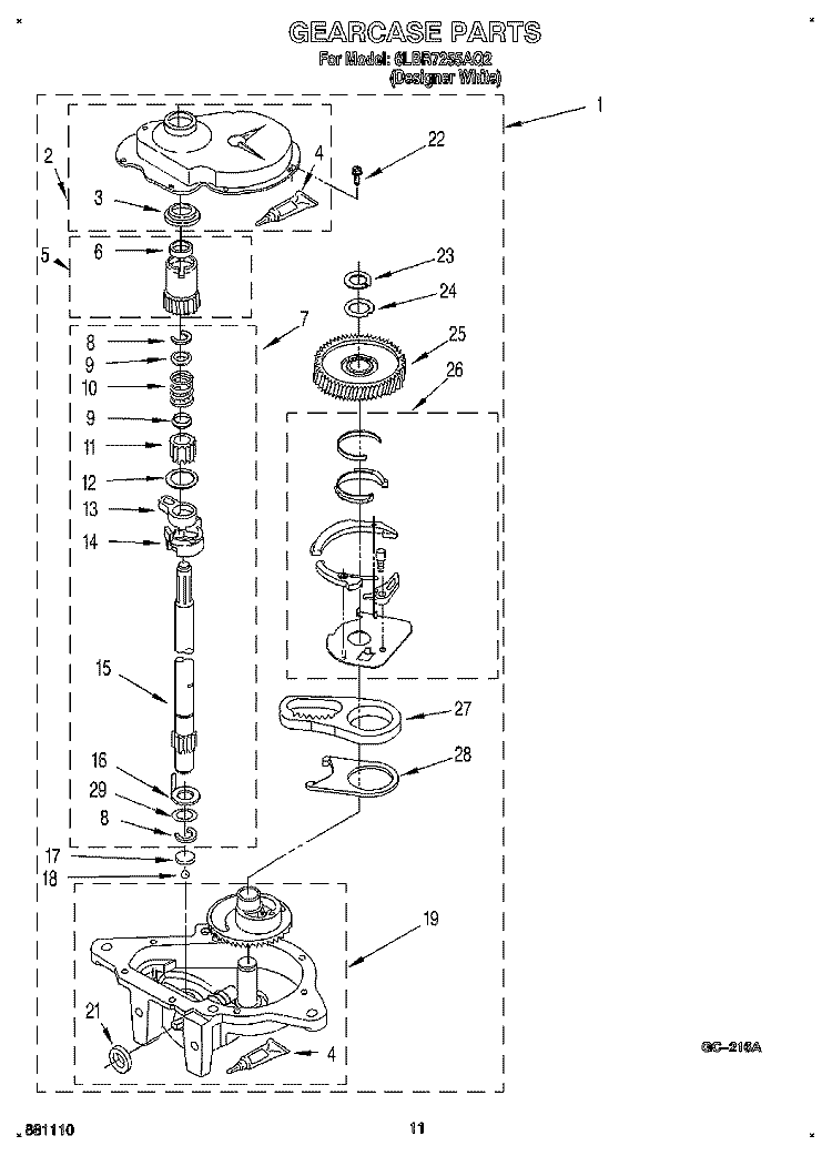 GEARCASE Diagram and Parts List for 6LBR7255AQ2  Whirlpool Washer