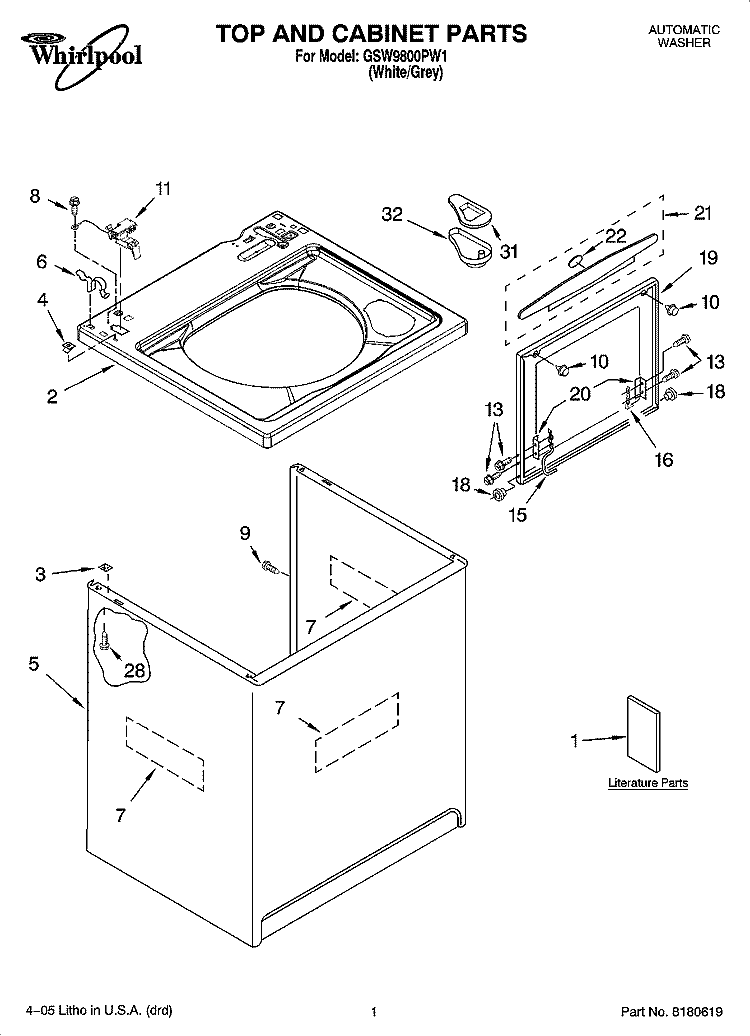 TOP AND CABINET PARTS Diagram and Parts List for GSW9800PW1  Whirlpool Washer