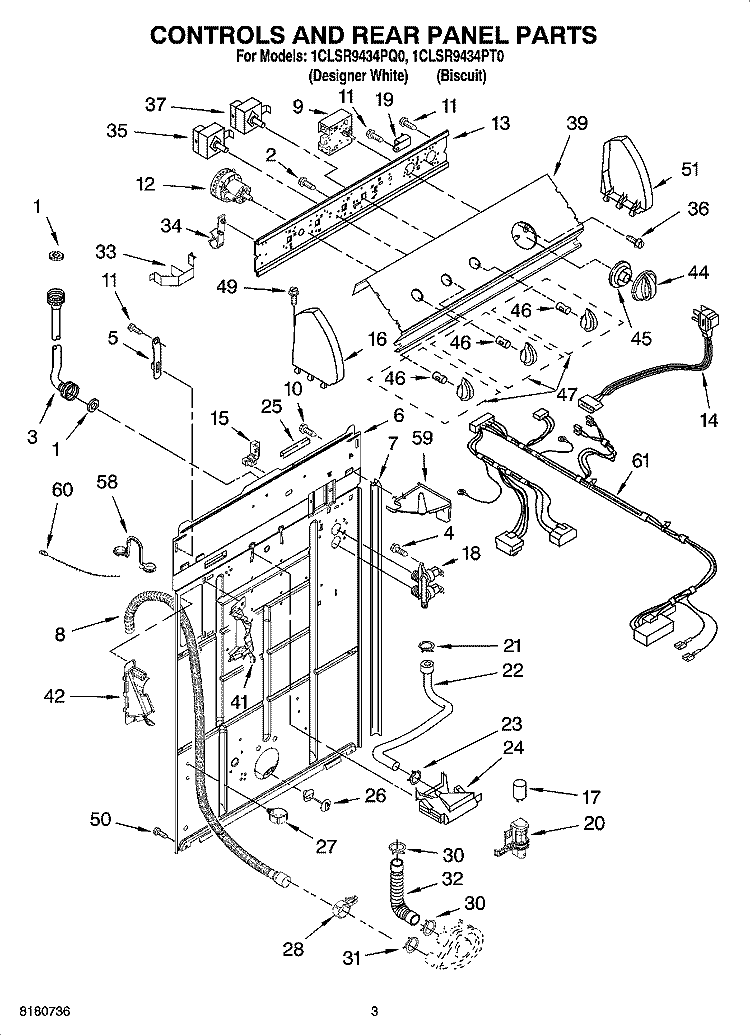 CONTROLS AND REAR PANEL PARTS Diagram and Parts List for 1CLSR9434PT0  Whirlpool Washer