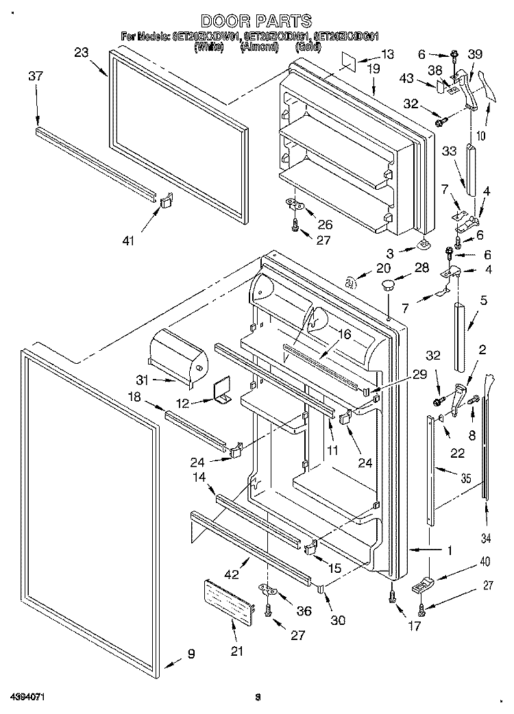 DOOR Diagram and Parts List for 8ET20ZKXDG01  Whirlpool Refrigerator