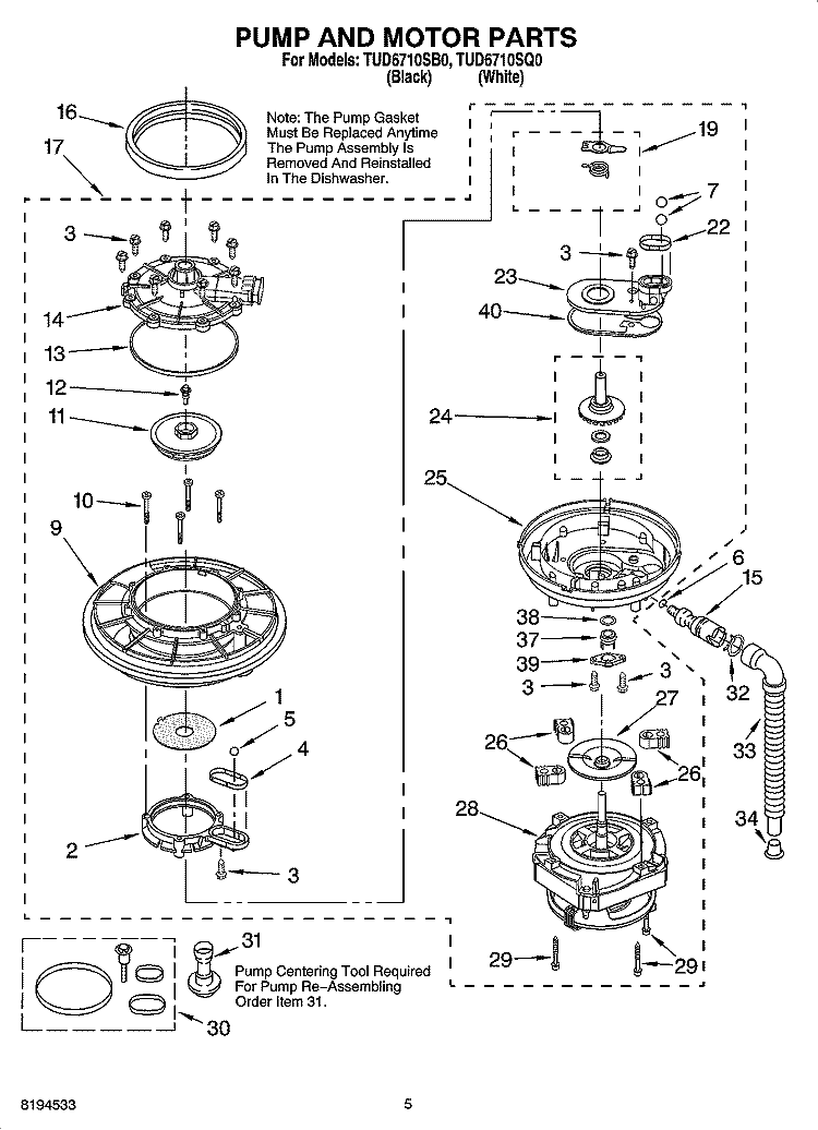PUMP AND MOTOR PARTS Diagram and Parts List for TUD6710SQ0  Estate Dishwasher