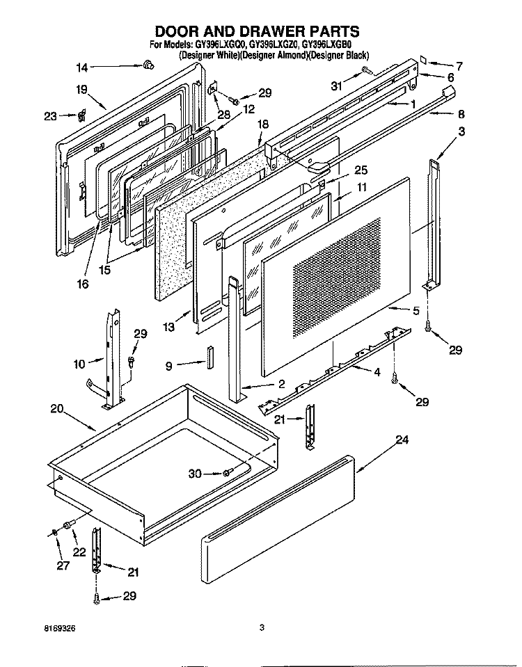 DOOR AND DRAWER Diagram and Parts List for GY396LXGB0  Whirlpool Range