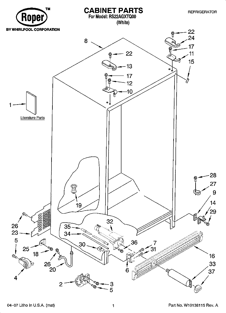 CABINET PARTS Diagram and Parts List for RS22AGXTQ00  Roper Refrigerator