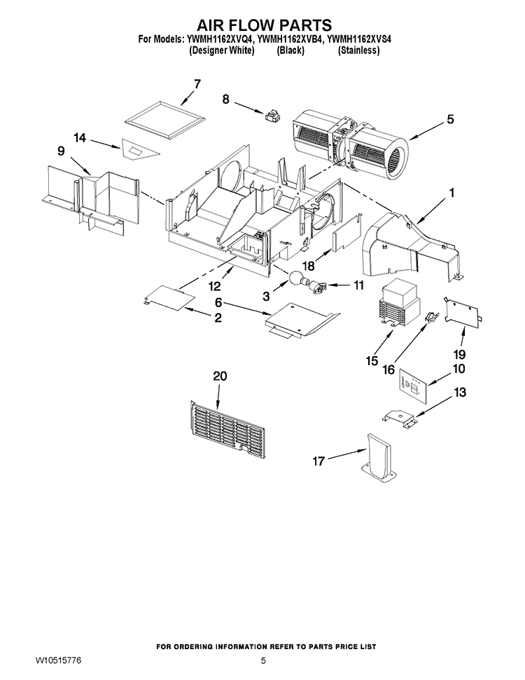 AIR FLOW PARTS Diagram and Parts List for YWMH1162XVB4  Whirlpool Microwave