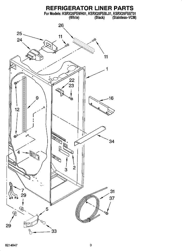 REFRIGERATOR LINER PARTS Diagram and Parts List for KSRX25FSST01  KitchenAid Refrigerator