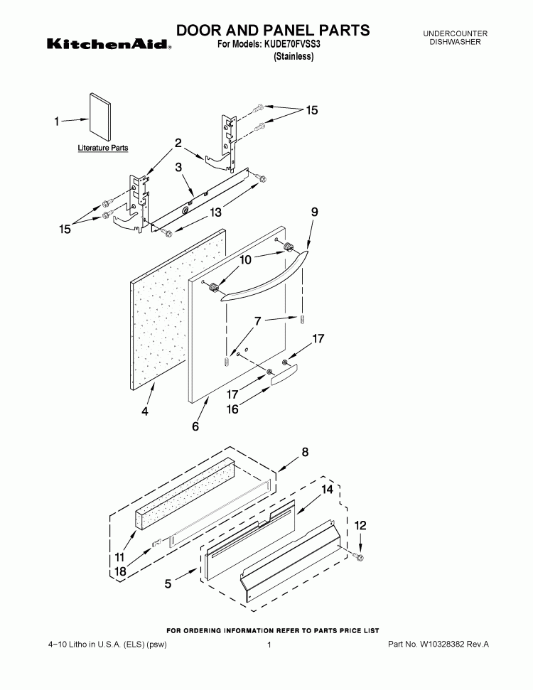 DOOR AND PANEL PARTS Diagram and Parts List for KUDE70FVSS3  KitchenAid Dishwasher