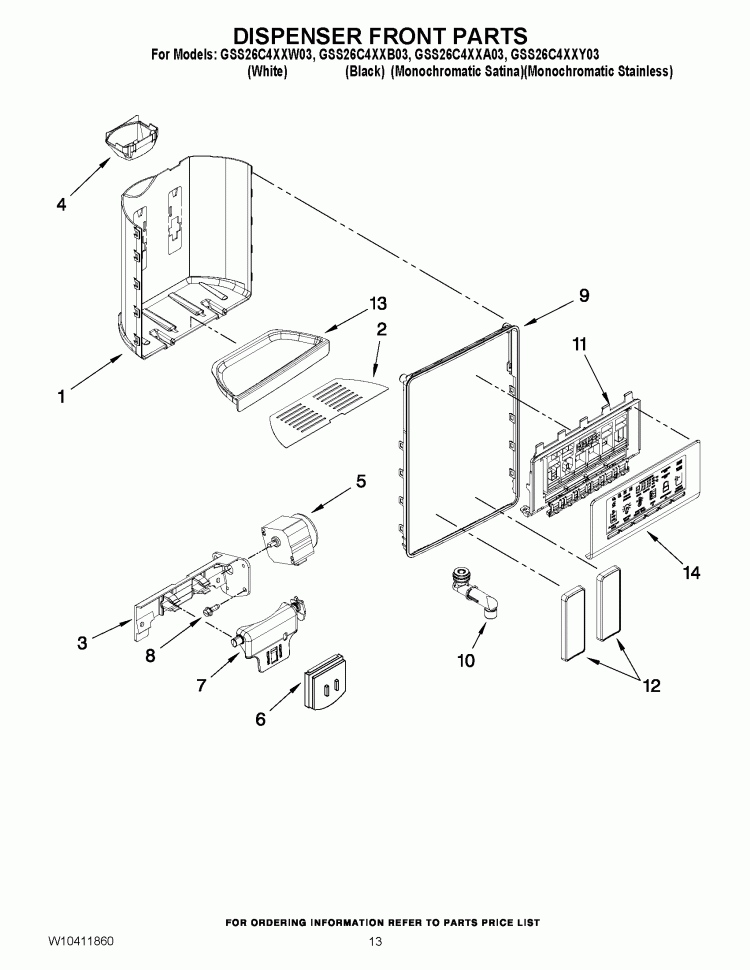 DISPENSER FRONT PARTS Diagram and Parts List for GSS26C4XXA03  Whirlpool Refrigerator