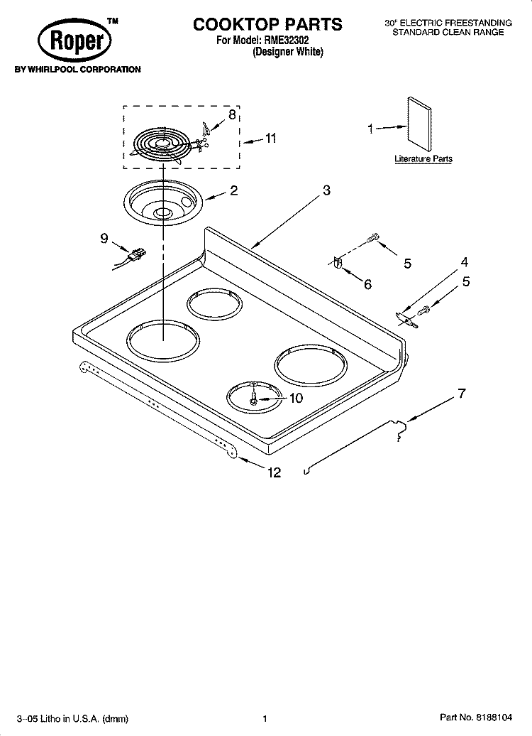 COOKTOP PARTS Diagram and Parts List for RME32302  Roper Range