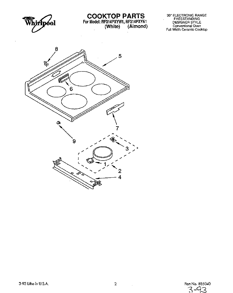 COOKTOP, LIT/OPTIONAL Diagram and Parts List for RF314PXYW1  Whirlpool Range