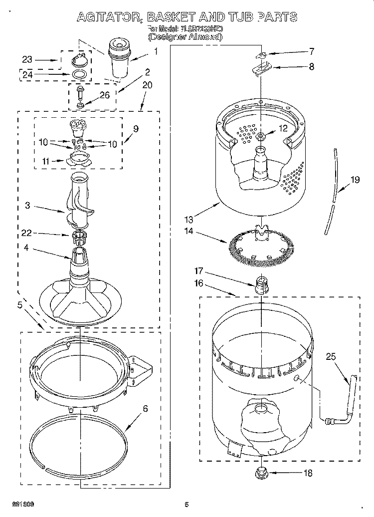 AGITATOR, BASKET AND TUB Diagram and Parts List for 7LSR7233HZ0  Whirlpool Washer